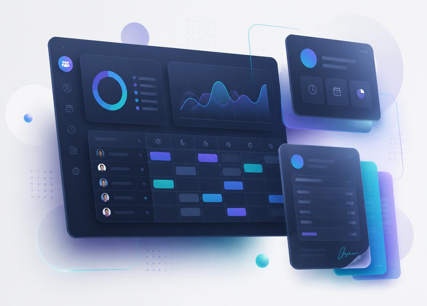 QueueBuster StaffHub dashboard showing attendance analytics, a shift roster grid and payslips